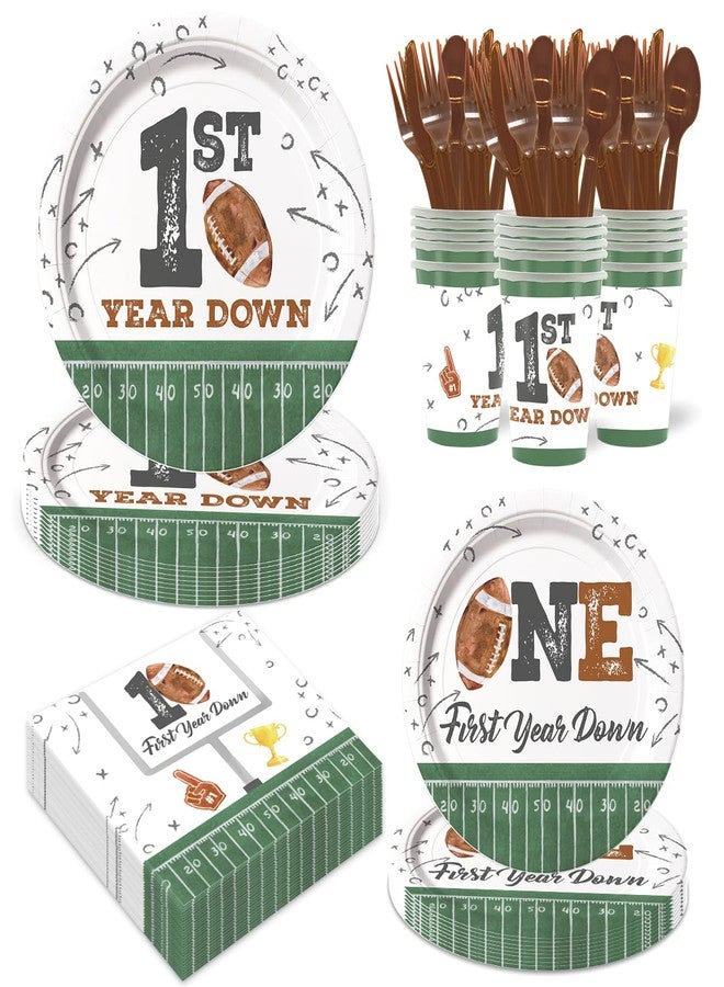 LANGASQUE Football First Year Down Birthday Decorations, 168pcs Paper Plates Napkins Set Football Theme Dinnerware Including Plates, Napkins, Cups, Knives, Forks, Spoons for Birthday Party Supplies - Image 1